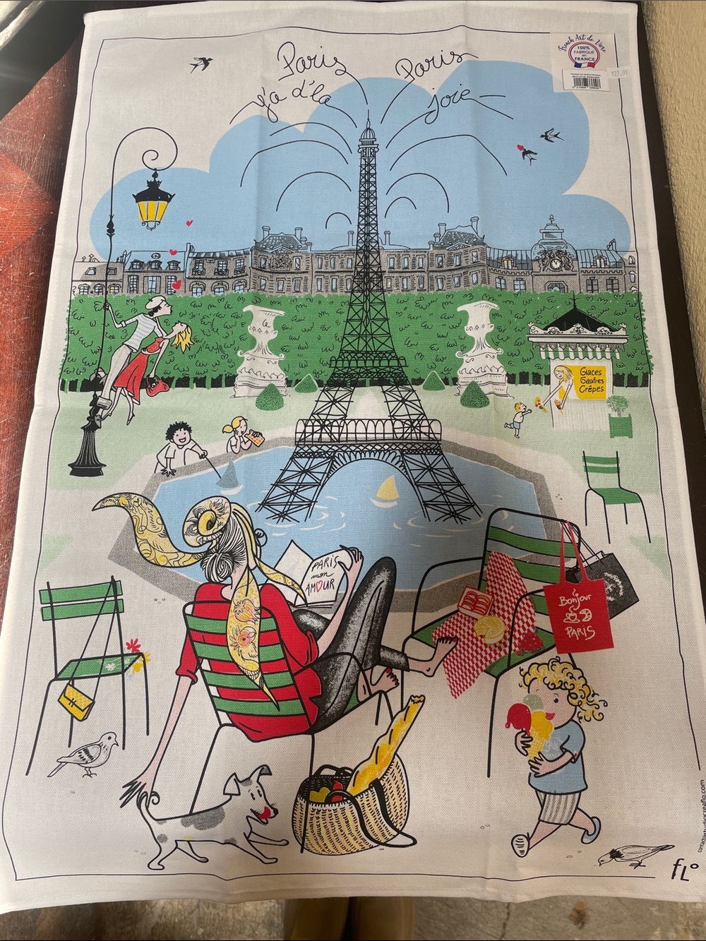 Paris Eiffel Tower Illustrated Tea Towel - Blue, Green, Red Accents